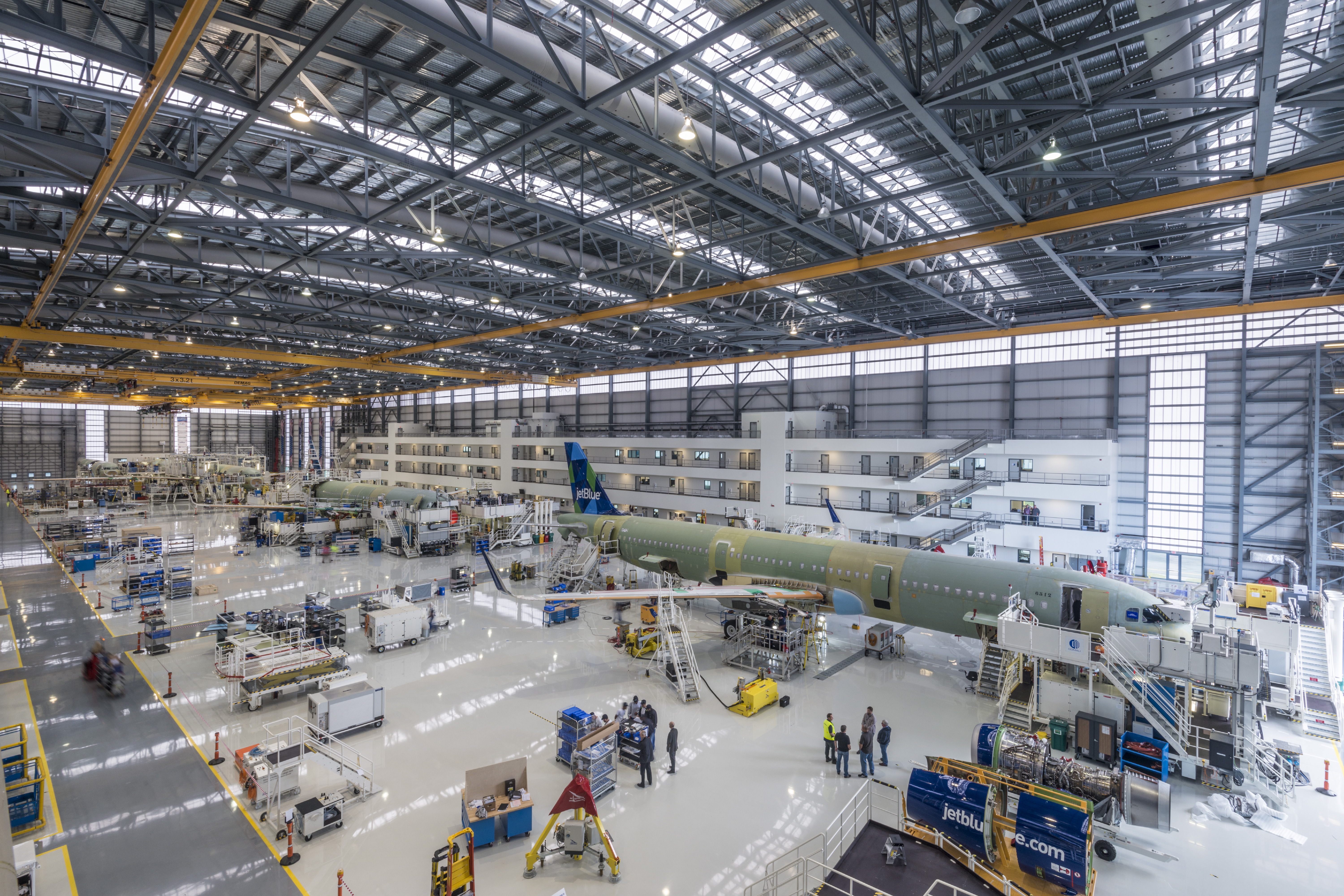 Interior view of Airbus A220 aircraft manufacturing facility