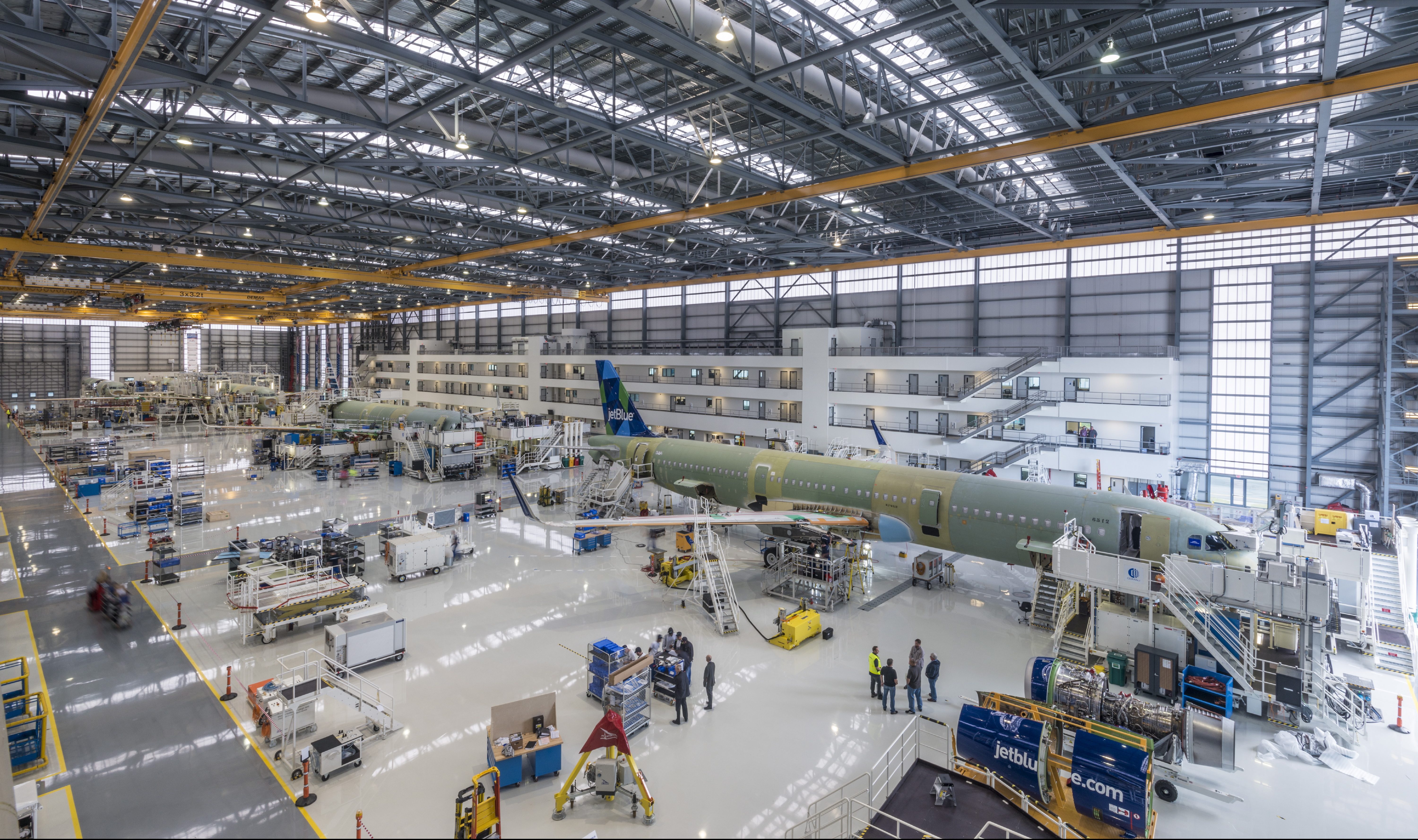 Interior view of Airbus' new A220 aircraft production facility in Alabama
