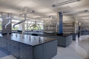 Empty laboratory with rows of lab tables