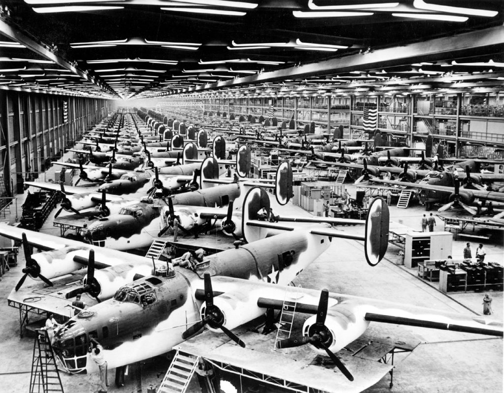 Interior view of Consolidated Vaultee B-24 aircraft production facility in 1941