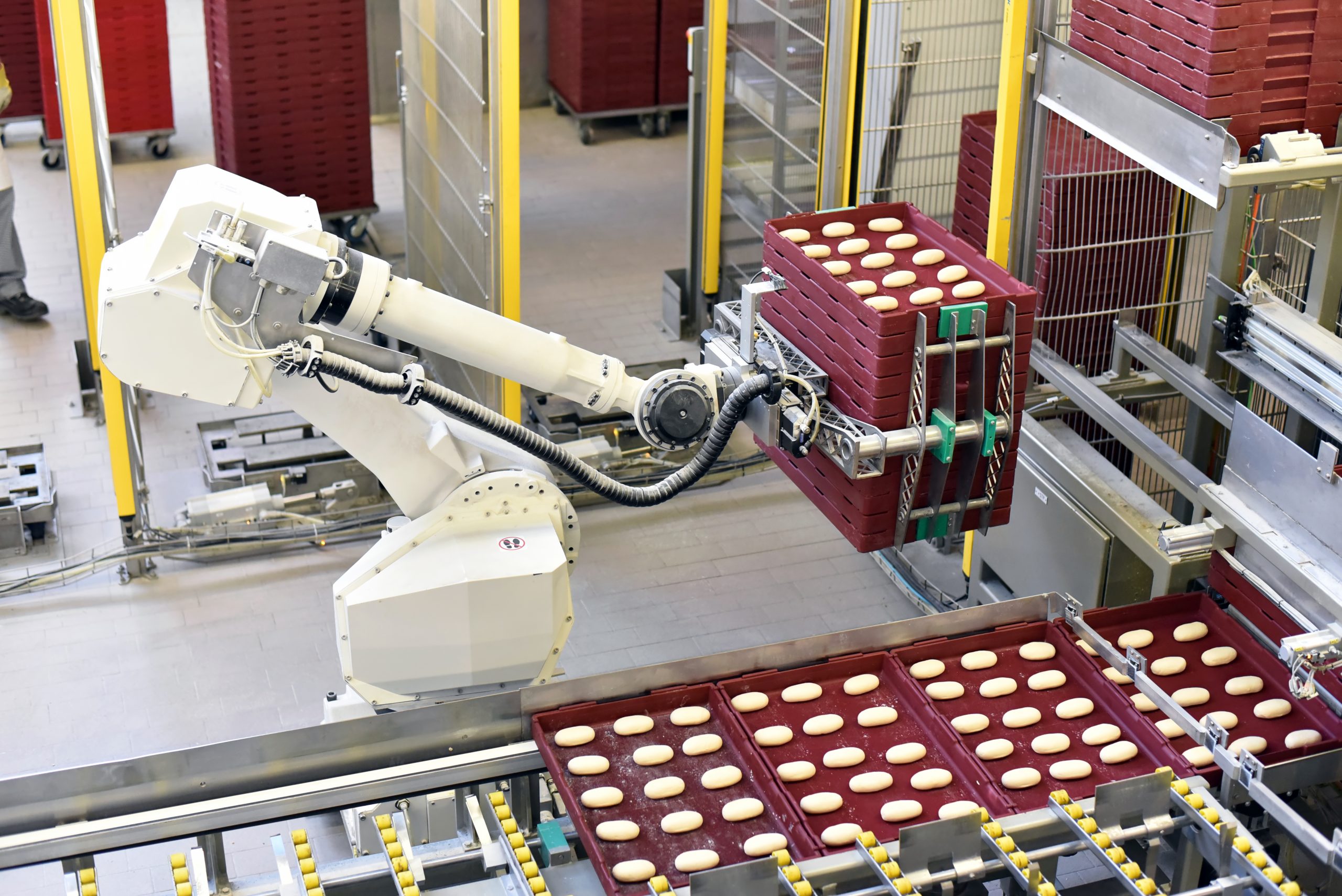 robotic arm placing bakery item onto conveyor belt
