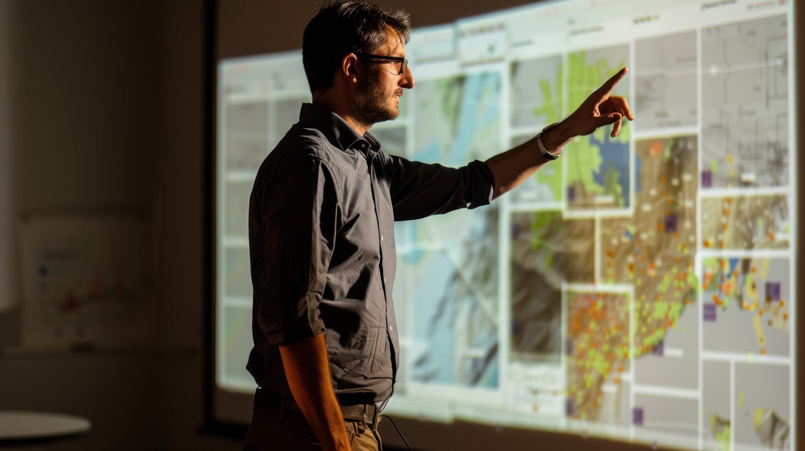 A researcher presenting a vision expansion project using a digital projector and software, with detailed maps and graphics illustrating the concept
